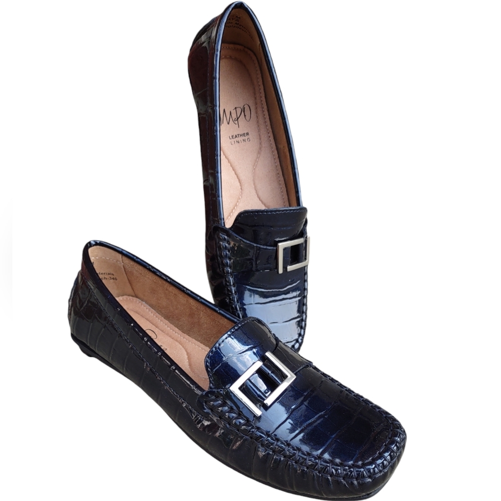 Impo 7.5 Baya Navy Blue Croc Embossed Patent Loafer Shoes